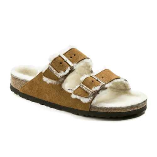 Birkenstock Arizona Slide Sandal (Women) - Mink Suede/Natural Shearling Sandals - Slide - The Heel Shoe Fitters