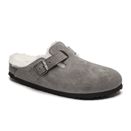 Birkenstock Boston Clog (Women) - Stone Coin Suede/Natural Shearling Dress-Casual - Clogs & Mules - The Heel Shoe Fitters