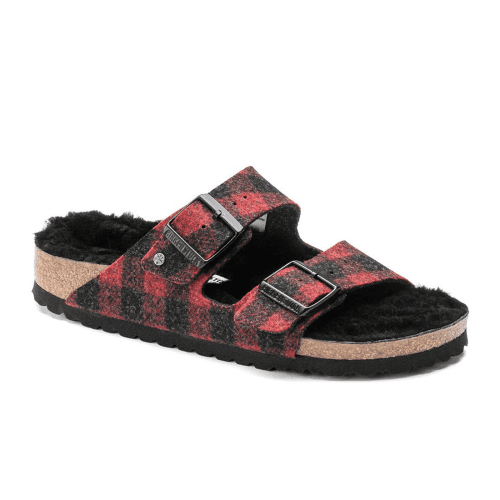 Birkenstock Arizona Slide Sandal (Women) - Red Plaid Wool/Black Shearling Sandals - Slide - The Heel Shoe Fitters