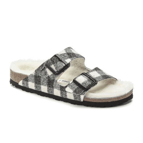 Birkenstock Arizona Slide Sandal (Women) - Plaid White Wool/Natural Shearling Sandals - Slide - The Heel Shoe Fitters