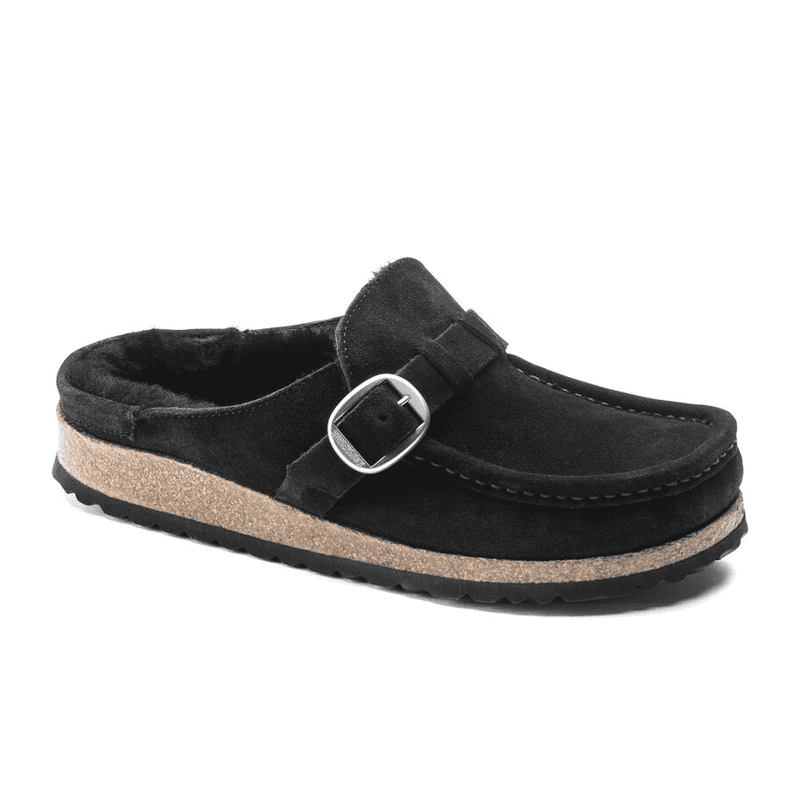 Birkenstock Buckley Clog (Women) - Black Suede/Black Shearling Dress-Casual - Clogs & Mules - The Heel Shoe Fitters