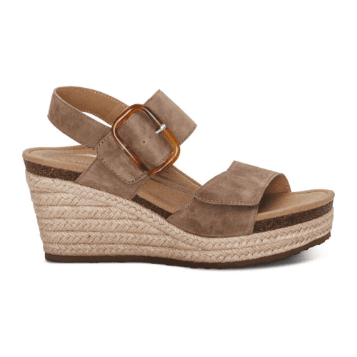 Aetrex Ashley Wedge Sandal (Women) - Taupe Suede Sandals - Heel/Wedge - The Heel Shoe Fitters